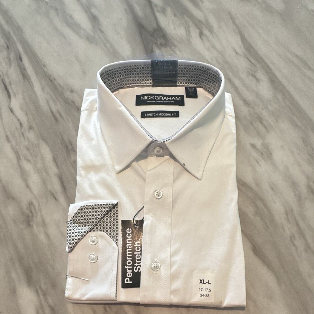 Nick Graham Men’s White Modern Fit Stretch Dress Shirt XL 17-17.5 34/35 NWT